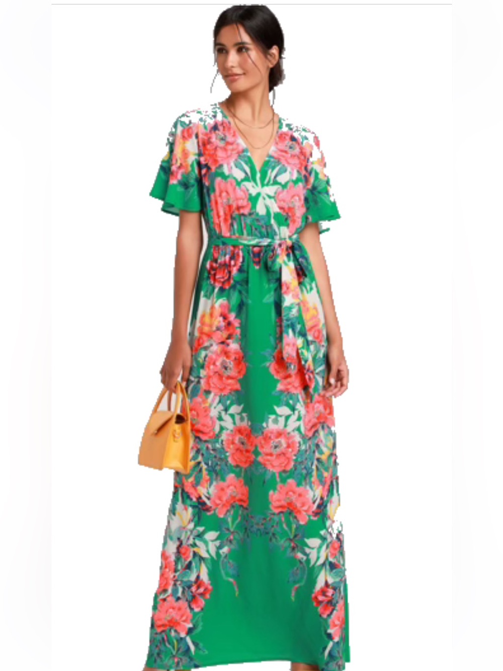 Floral Flutter-Sleeve Maxi Dress in Green